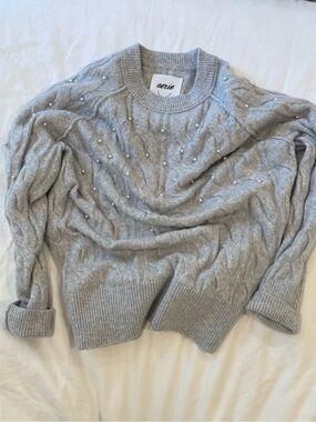 aerie Light Gray Pearl-Embellished Cable Knit Crewneck Sweater